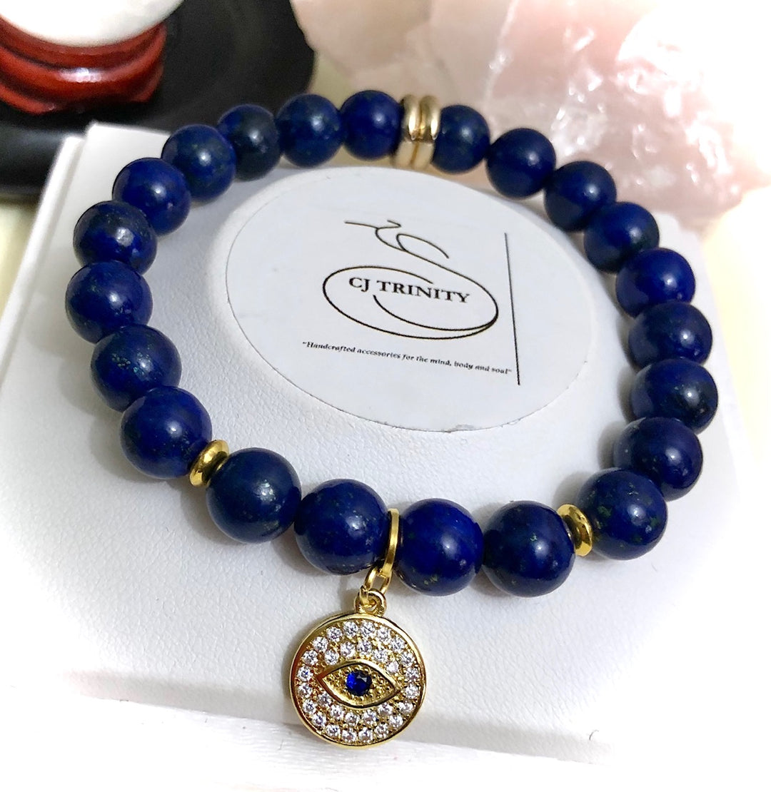 Gold-toned Pavé Evil Eye Charm-Gemstone Bracelet-Choice of Gemstone