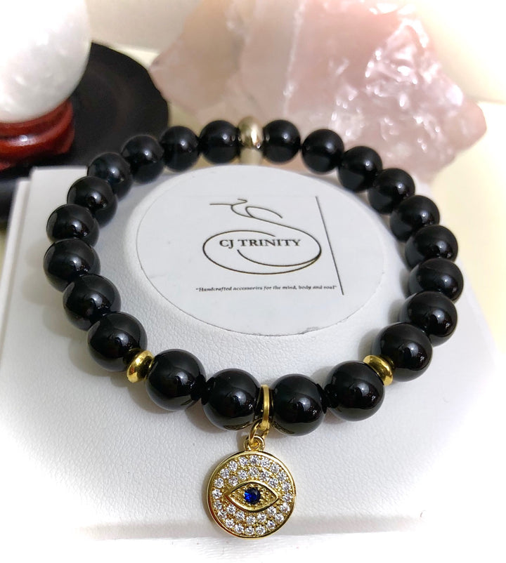 Gold-toned Pavé Evil Eye Charm-Gemstone Bracelet-Choice of Gemstone