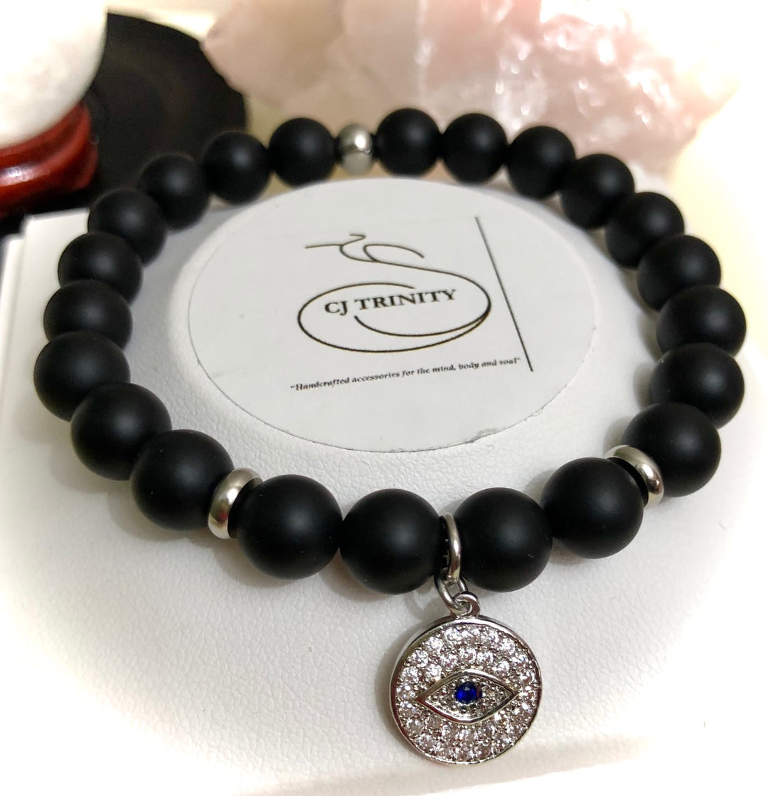 Silver-toned Evil Eye Pavé Charm - Gemstone Bracelet - Choice of Gemstone