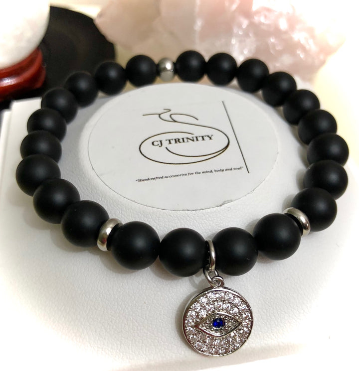 Silver-toned Evil Eye Pavé Charm - Gemstone Bracelet - Choice of Gemstone