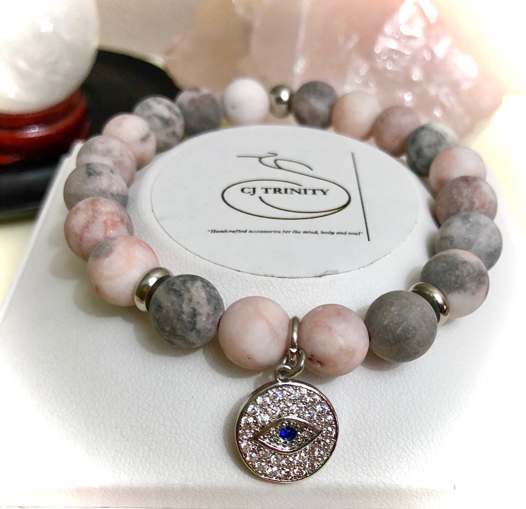 Silver-toned Evil Eye Pavé Charm - Gemstone Bracelet - Choice of Gemstone