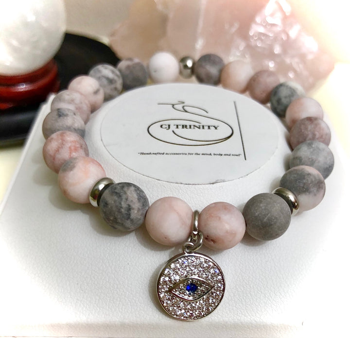 Silver-toned Evil Eye Pavé Charm - Gemstone Bracelet - Choice of Gemstone