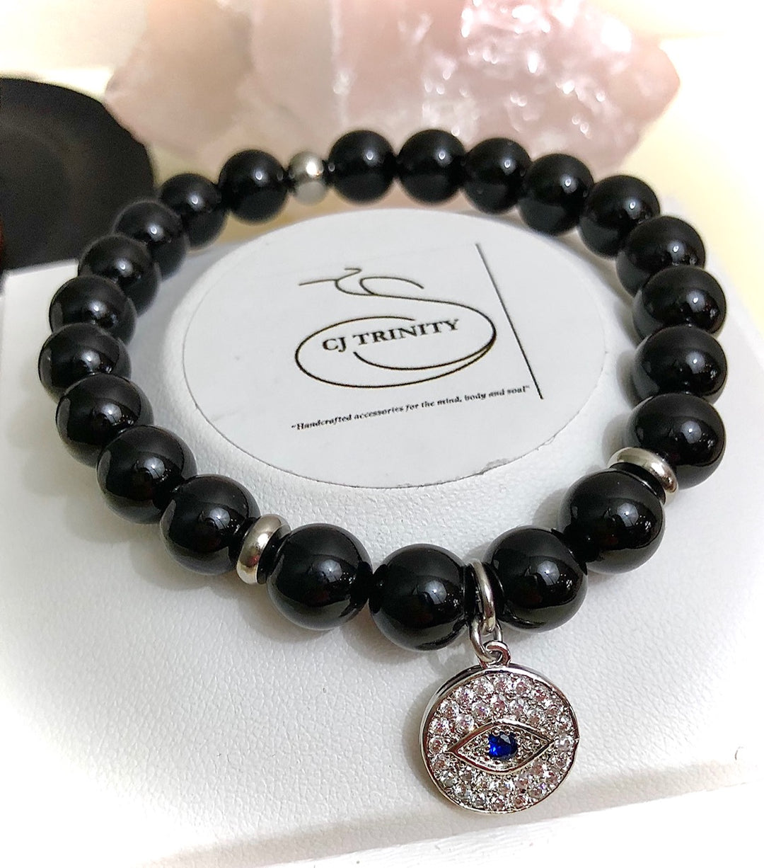 Silver-toned Evil Eye Pavé Charm - Gemstone Bracelet - Choice of Gemstone