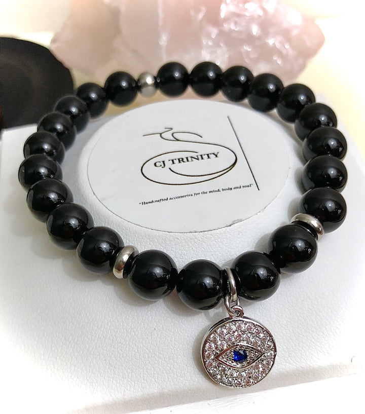 Silver-toned Evil Eye Pavé Charm - Gemstone Bracelet - Choice of Gemstone