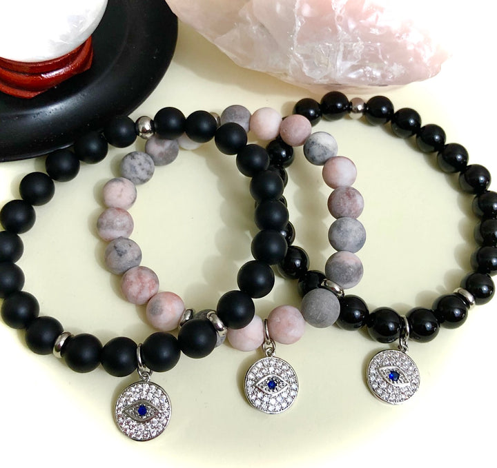 Silver-toned Evil Eye Pavé Charm - Gemstone Bracelet - Choice of Gemstone