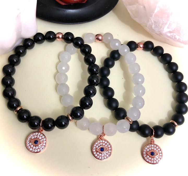 Rose Gold-toned Evil Eye Pavé Charm-Gemstone Bracelet- Choice of Gemstone