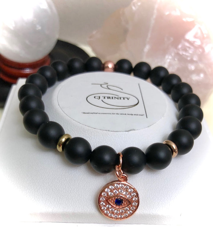 Rose Gold-toned Evil Eye Pavé Charm-Gemstone Bracelet- Choice of Gemstone