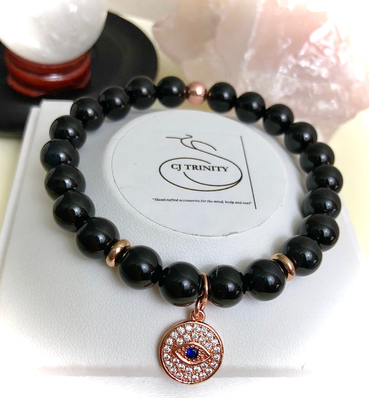 Rose Gold-toned Evil Eye Pavé Charm-Gemstone Bracelet- Choice of Gemstone