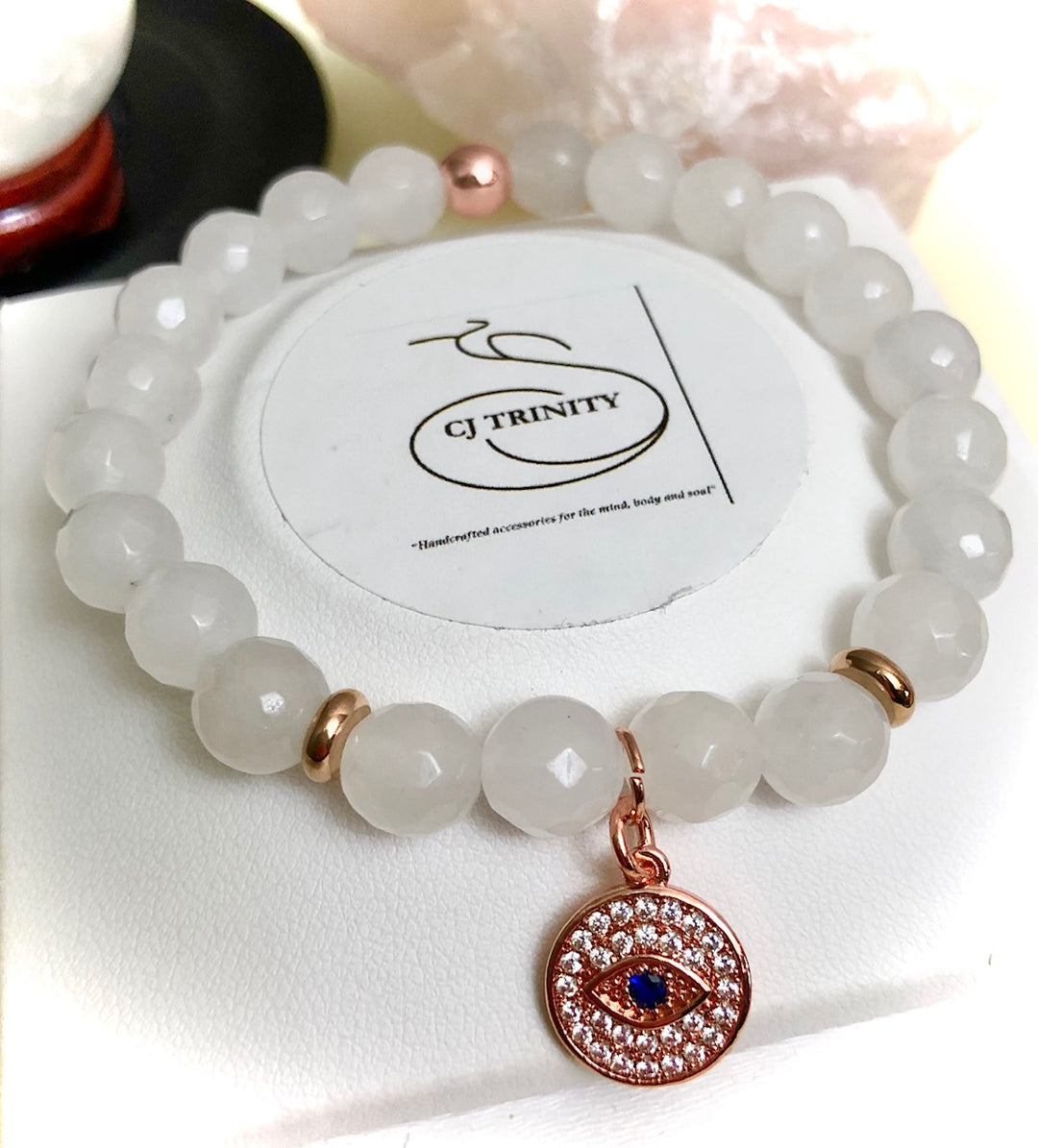 Rose Gold-toned Evil Eye Pavé Charm-Gemstone Bracelet- Choice of Gemstone