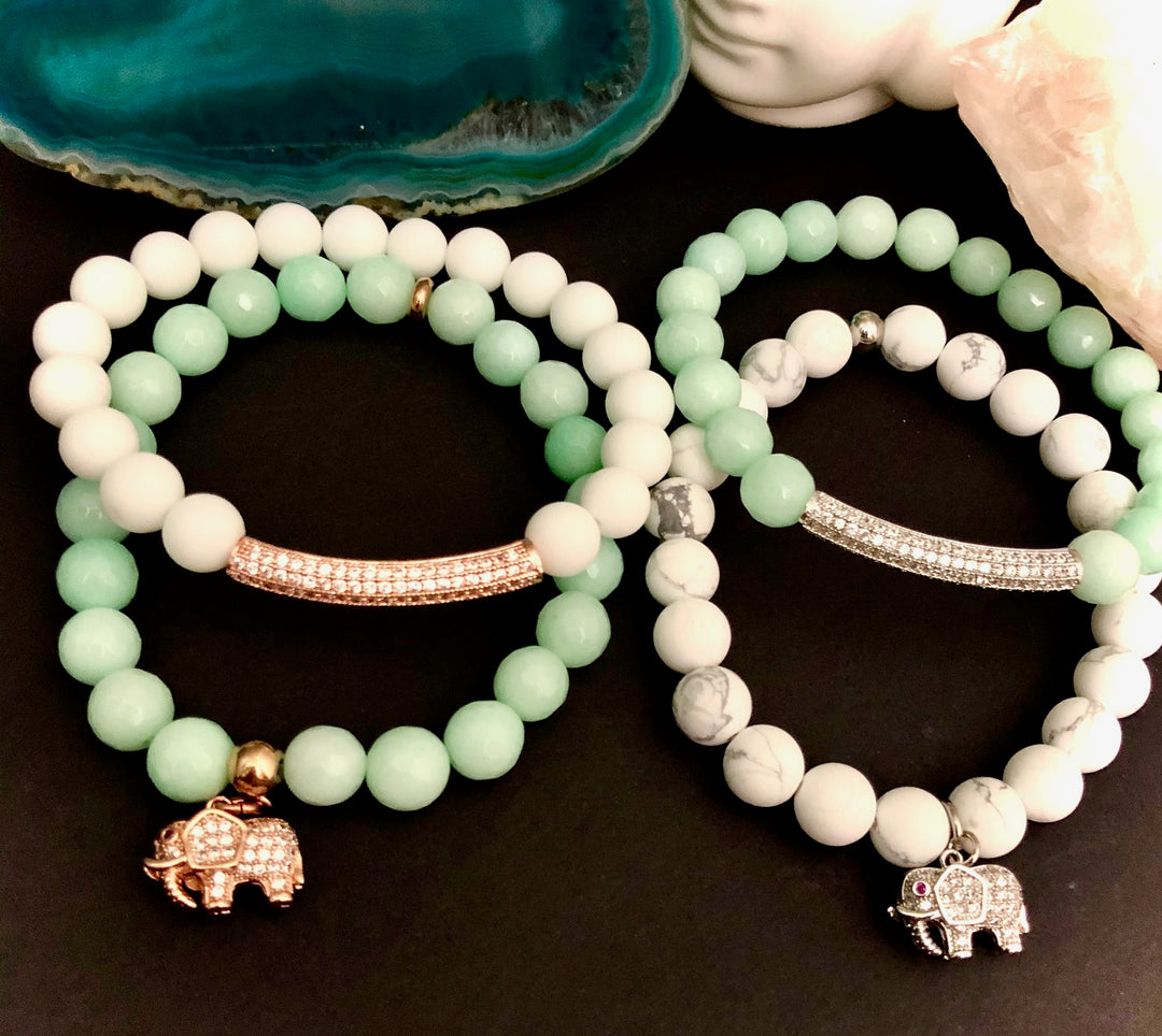 'Prosperity & Serenity' Pavé Elephant and Bar Gemstone Bracelets- Choice of Style & Color-Sold separately or as a SET