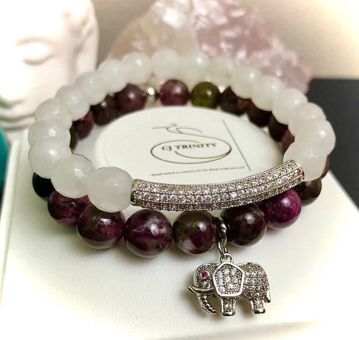 'Prosperity & Stress Relief'-Pavé SILVER-TONED Elephant & Bar- Gemstone Bracelets-Sold separately or as a SET