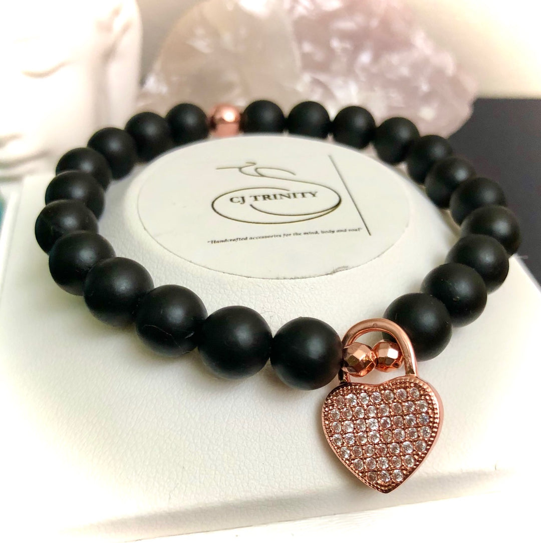 Rose Gold-toned Pavé Heart Padlock-Gemstone Bracelet-Choice of Gemstone
