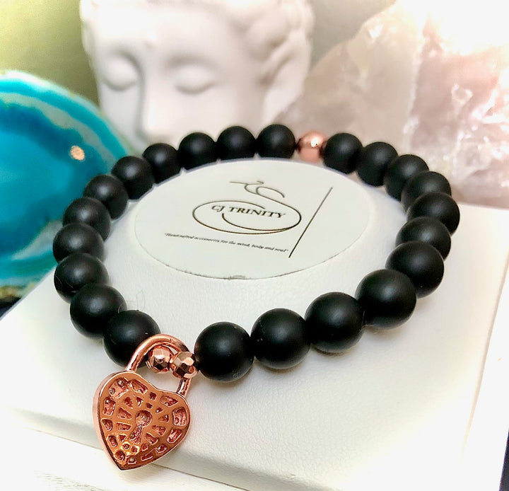 Rose Gold-toned Pavé Heart Padlock-Gemstone Bracelet-Choice of Gemstone