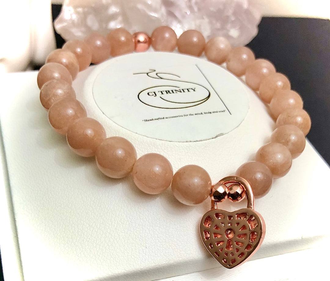 Rose Gold-toned Pavé Heart Padlock-Gemstone Bracelet-Choice of Gemstone