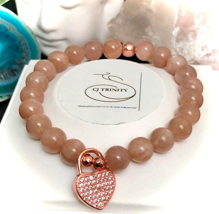 Rose Gold-toned Pavé Heart Padlock-Gemstone Bracelet-Choice of Gemstone
