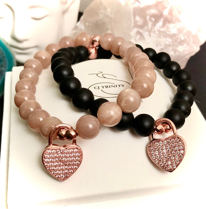 Rose Gold-toned Pavé Heart Padlock-Gemstone Bracelet-Choice of Gemstone