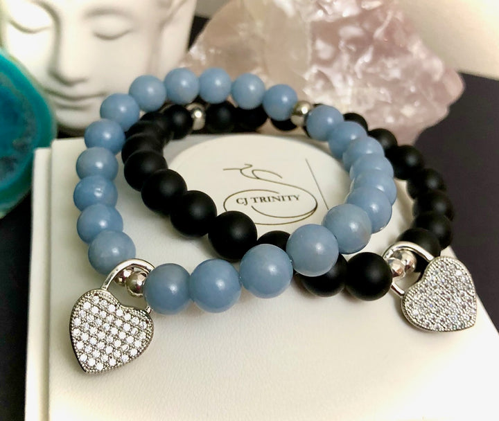 Silver-toned Pavé Heart Padlock-Gemstone Bracelet-Choice of Gemstone