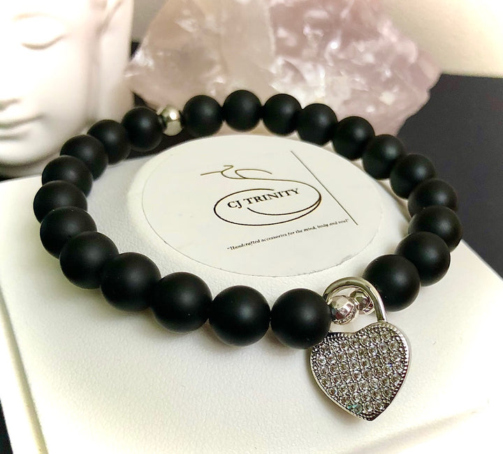 Silver-toned Pavé Heart Padlock-Gemstone Bracelet-Choice of Gemstone