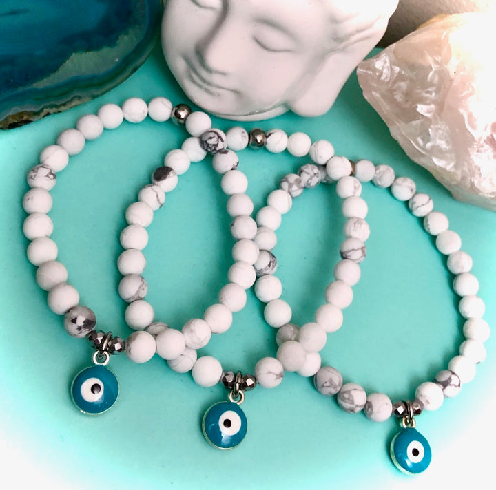 White Howlite & Hematite - Light Blue Evil Eye Dangle Charm-Gemstone Protection Bracelet