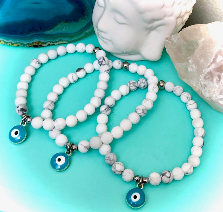 White Howlite & Hematite - Light Blue Evil Eye Dangle Charm-Gemstone Protection Bracelet