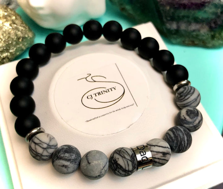 'LOVE YOU DAD' - Stainless Steel Barrel Bead- Gemstone Bracelet- Choice of Gemstones