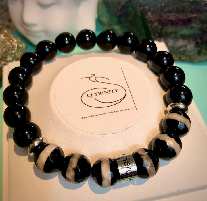 'MY HERO' - Stainless Steel Barrel Bead-Unisex Gemstone Bracelet-Choice of Gemstones