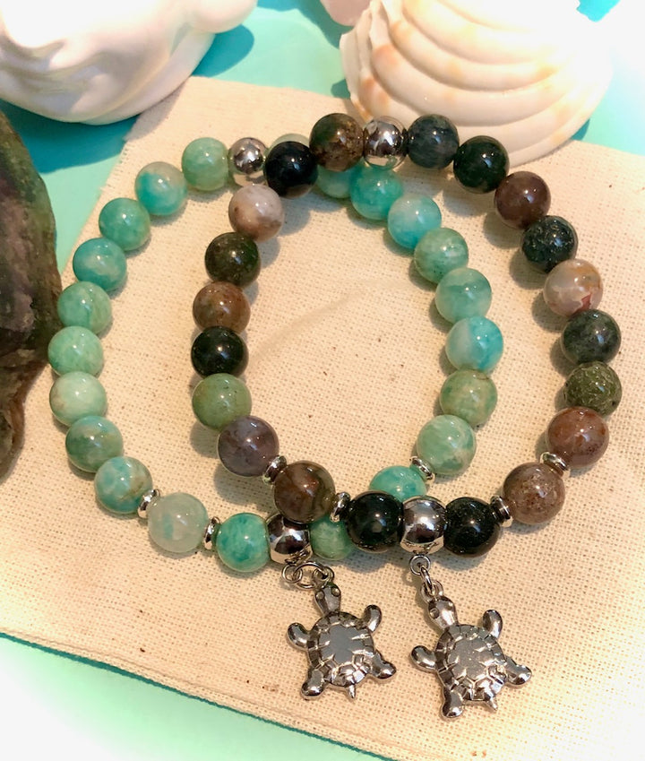 TURTLE- Stainless Steel Dangle Charm-Gemstone Bracelet-Choice of Gemstone