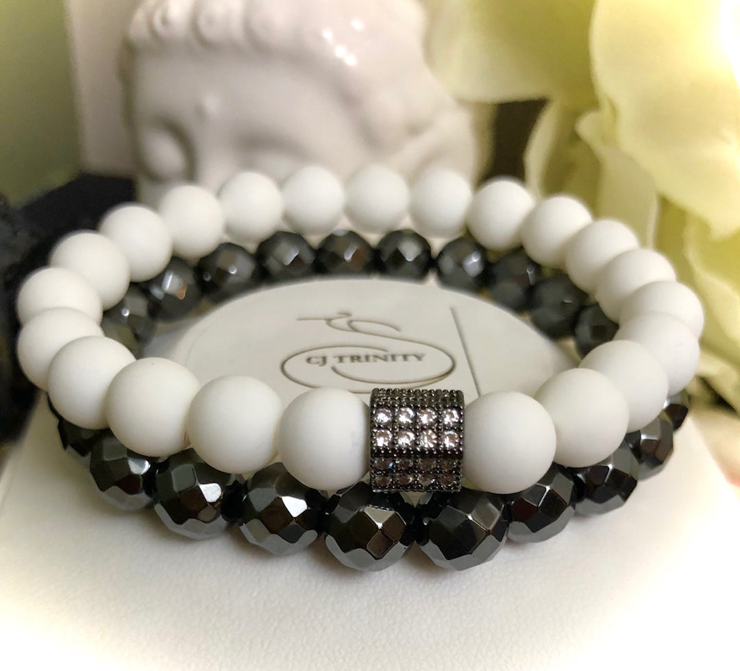 Gorgeous White Tridacna Pavé Barrel Bead & Hematite Bracelet Sets- Choice of Color and Style-Sold Separately or as a SET