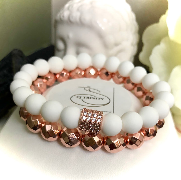 Gorgeous White Tridacna Pavé Barrel Bead & Hematite Bracelet Sets- Choice of Color and Style-Sold Separately or as a SET