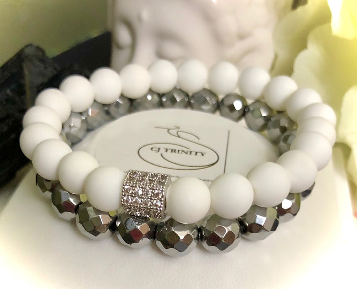 Gorgeous White Tridacna Pavé Barrel Bead & Hematite Bracelet Sets- Choice of Color and Style-Sold Separately or as a SET