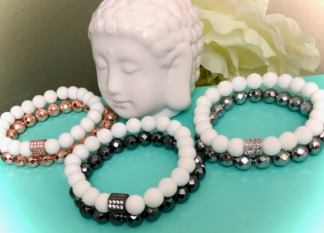 Gorgeous White Tridacna Pavé Barrel Bead & Hematite Bracelet Sets- Choice of Color and Style-Sold Separately or as a SET