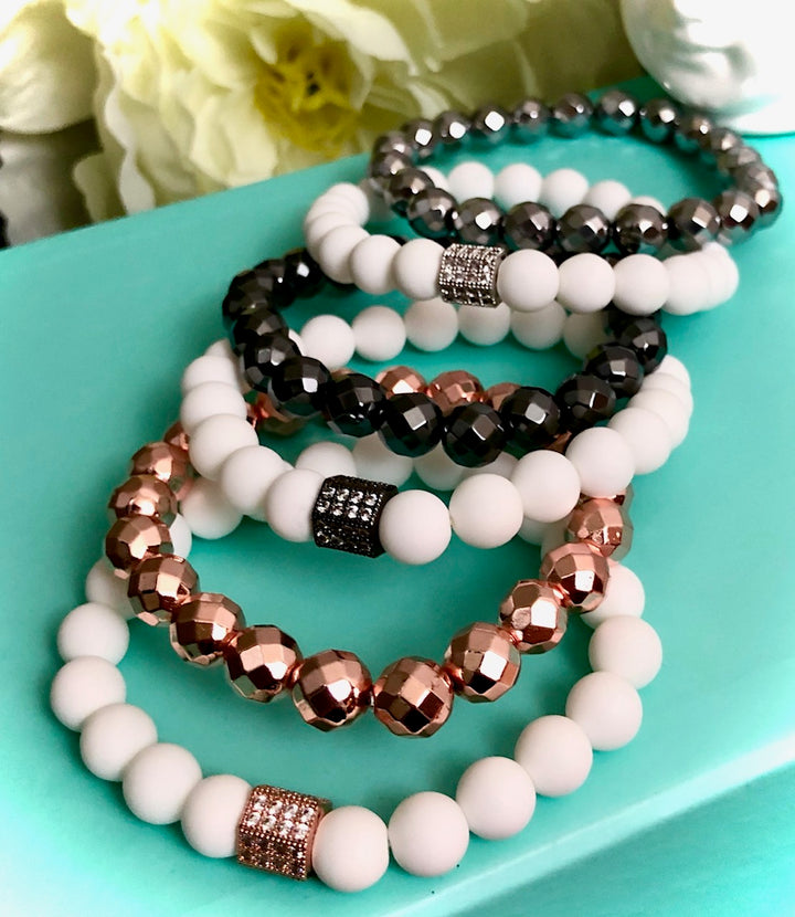 Gorgeous White Tridacna Pavé Barrel Bead & Hematite Bracelet Sets- Choice of Color and Style-Sold Separately or as a SET