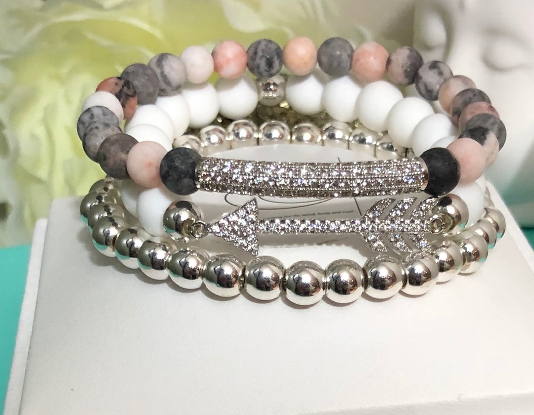 Pavé Silver-toned ARROW & BAR Gemstone Stacking Bracelets -Sold as a SET or seperately