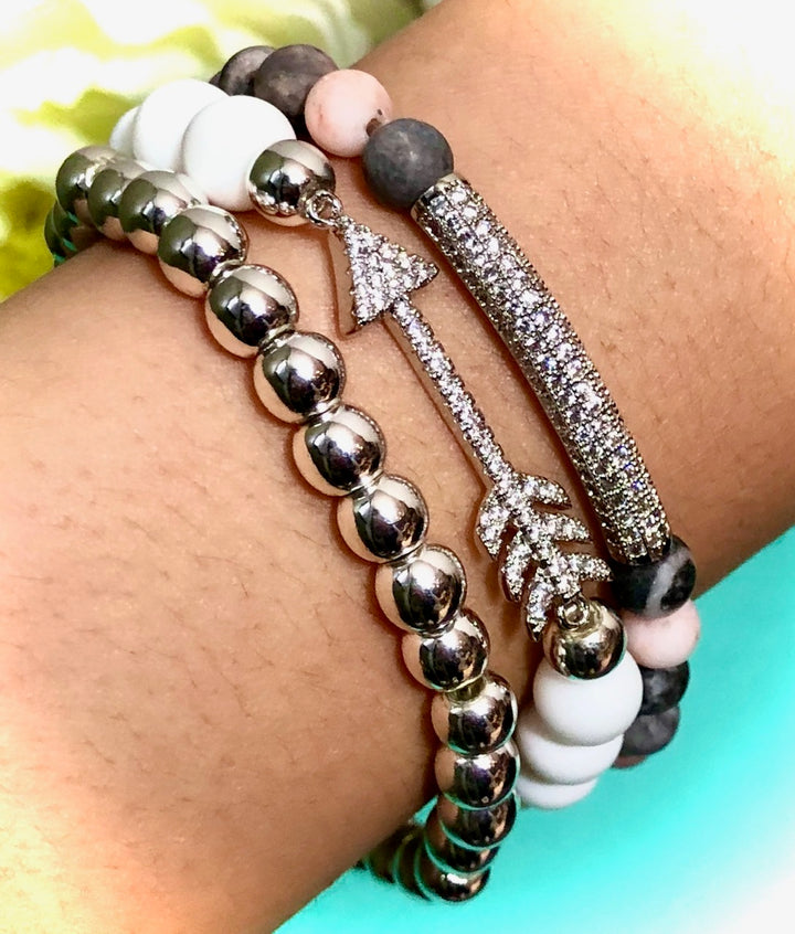Pavé Silver-toned ARROW & BAR Gemstone Stacking Bracelets -Sold as a SET or seperately