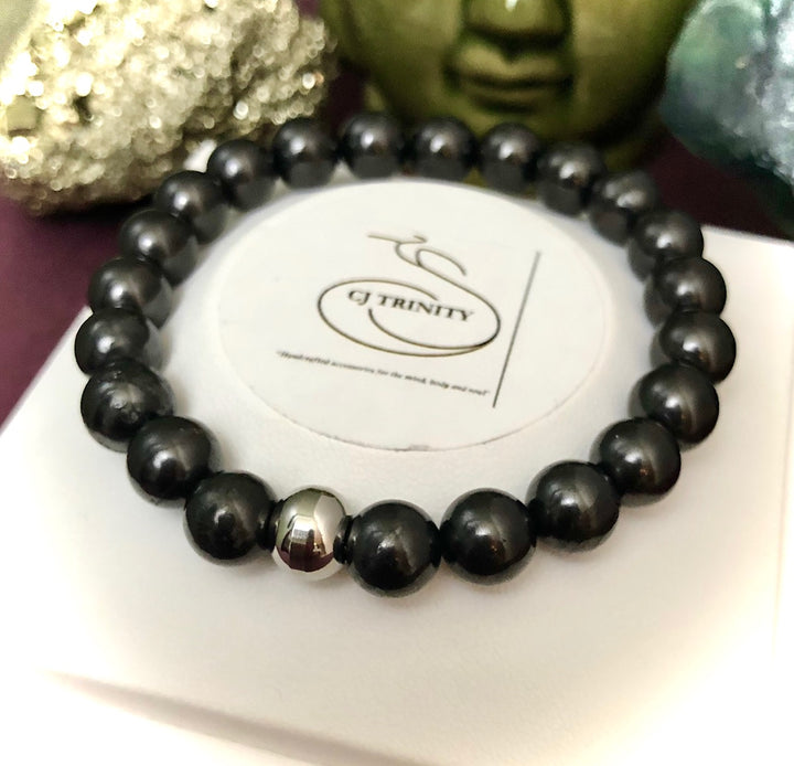 Unisex Shungite Gemstone Bracelets- EMF Protection- Stainless Steel-Choice of Style & Size