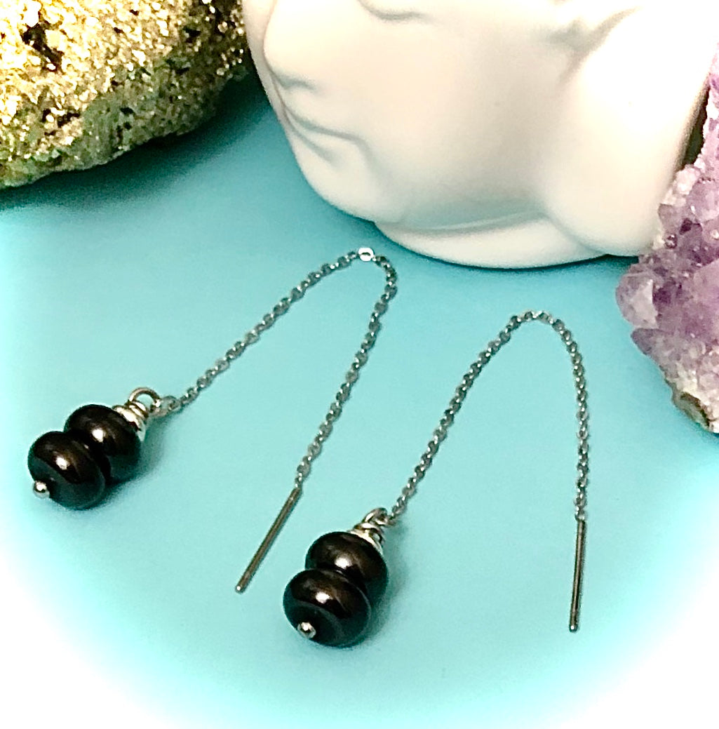 Shungite & Stainless Steel Threader Earrings-EMF Protection