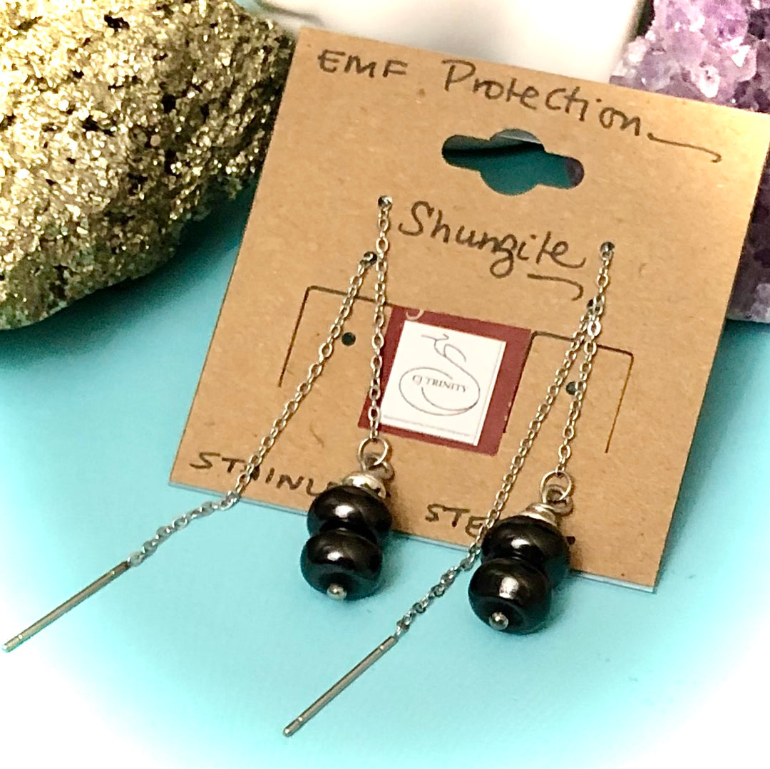 Shungite & Stainless Steel Threader Earrings-EMF Protection