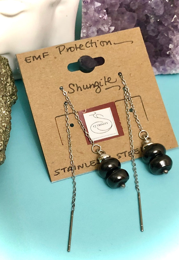 Shungite & Stainless Steel Threader Earrings-EMF Protection