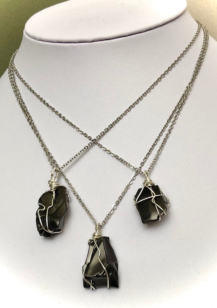 Unisex SILVER Wire-wrapped Shungite Necklace-EMF Protection-Stainless Steel Chain-Choice of Style