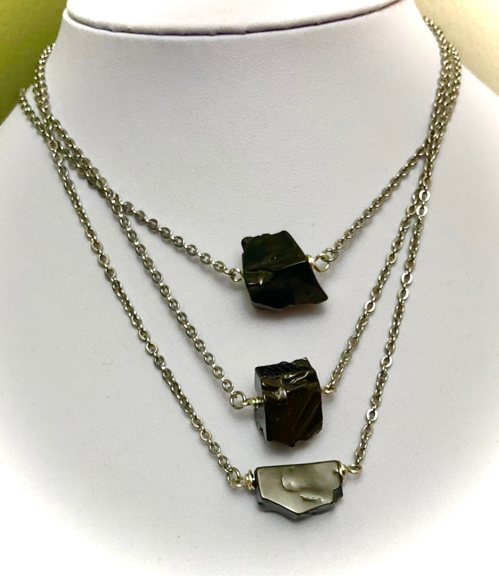 SHUNGITE-Silver-toned-Minimalist Focal Pendant Necklace-Stainless Steel Chain