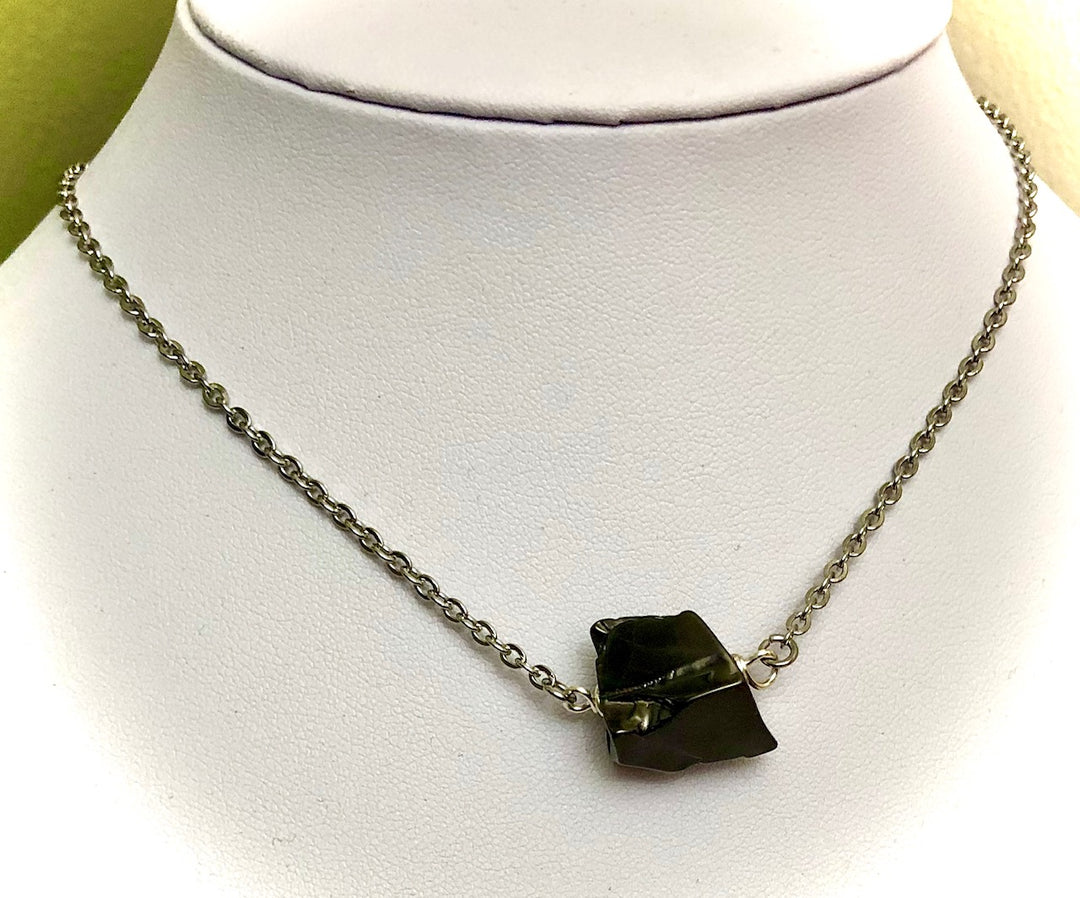 SHUNGITE-Silver-toned-Minimalist Focal Pendant Necklace-Stainless Steel Chain