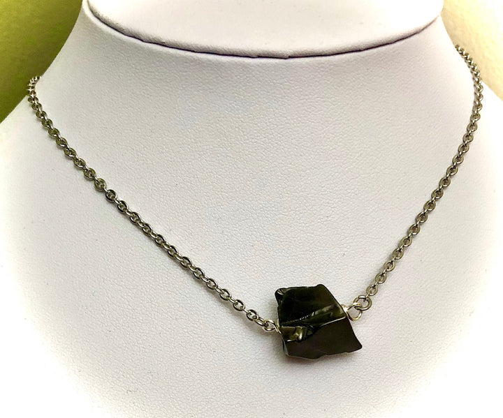SHUNGITE-Silver-toned-Minimalist Focal Pendant Necklace-Stainless Steel Chain