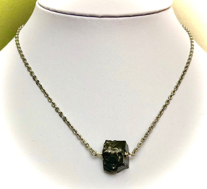 SHUNGITE-Silver-toned-Minimalist Focal Pendant Necklace-Stainless Steel Chain