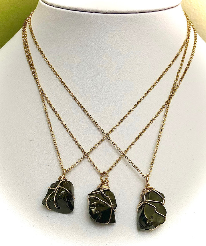 Unisex GOLD-TONED Wire-wrapped SHUNGITE Necklace- EMF Protection-Stainless Steel Chain-Choice of Style