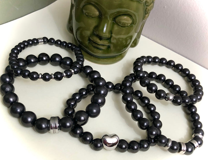 Unisex Shungite Gemstone Bracelets- EMF Protection- Stainless Steel-Choice of Style & Size