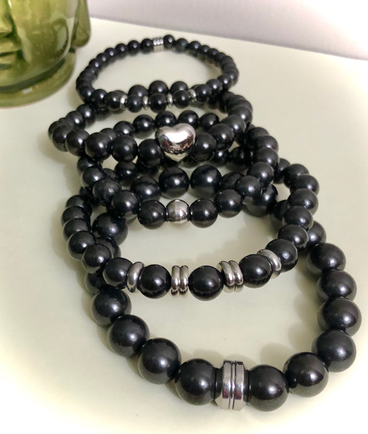 Unisex Shungite Gemstone Bracelets- EMF Protection- Stainless Steel-Choice of Style & Size