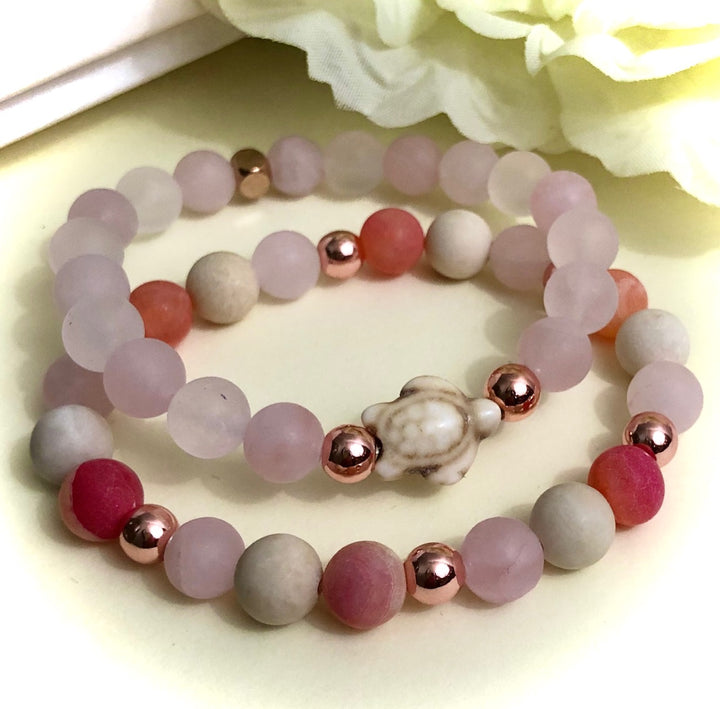 Gemstone TURTLE Bracelet Set-Rose Gold Hematite, Rose Quartz, Fossil Stone & Agate-Bracelets Sold Separately or as a SET
