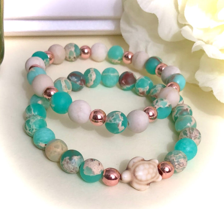 Gemstone TURTLE Bracelet Set-Rose Gold Hematite, Fossil Stone & Aqua Terra Jasper-Sold Separately or as a SET