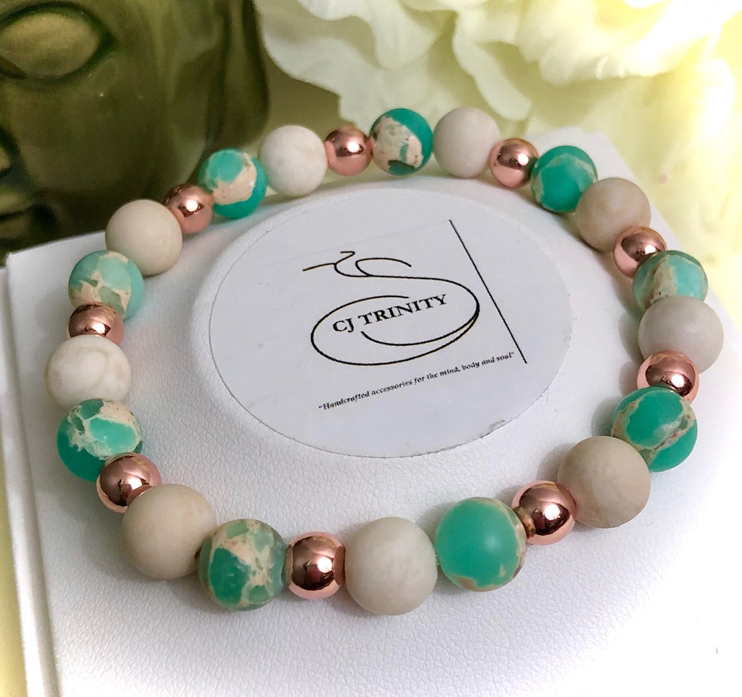 Gemstone TURTLE Bracelet Set-Rose Gold Hematite, Fossil Stone & Aqua Terra Jasper-Sold Separately or as a SET