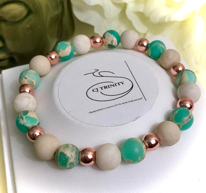 Gemstone TURTLE Bracelet Set-Rose Gold Hematite, Fossil Stone & Aqua Terra Jasper-Sold Separately or as a SET